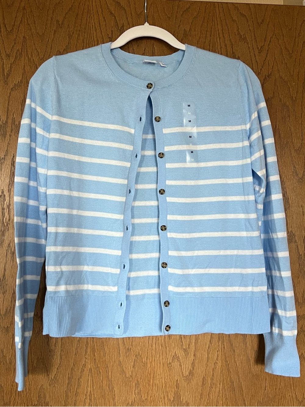 GAP Light Blue and White Striped Cardigan